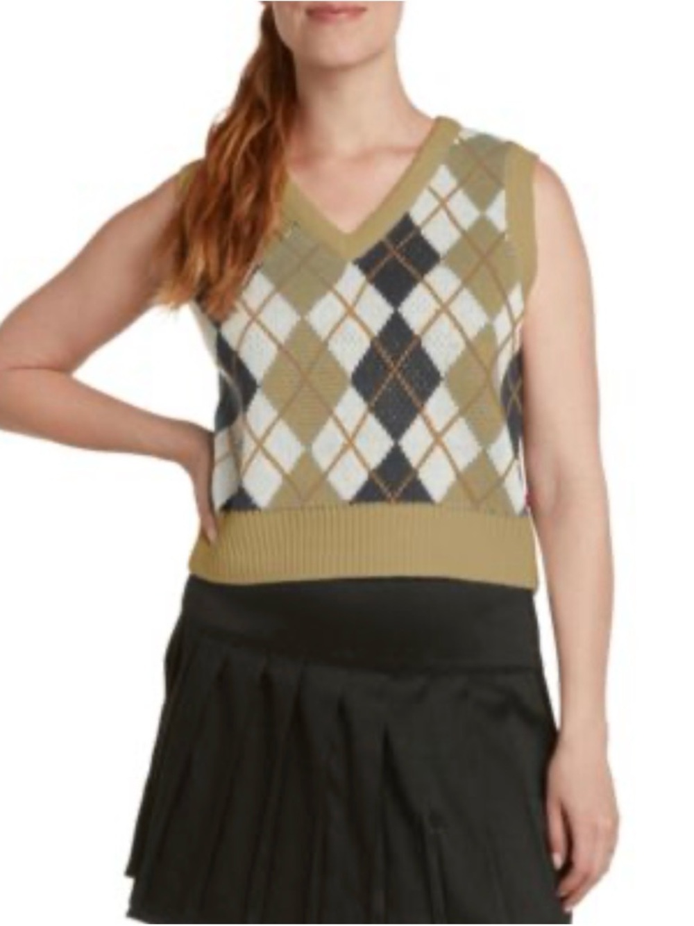 Argyle V-Neck Cropped Sweater Vest in Olive and Cream